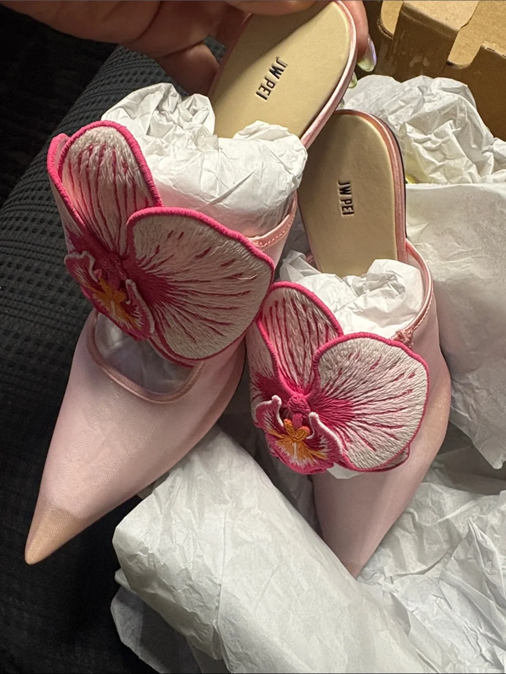 JW PEI Pink Floral Embroidered Pointed Toe Mule